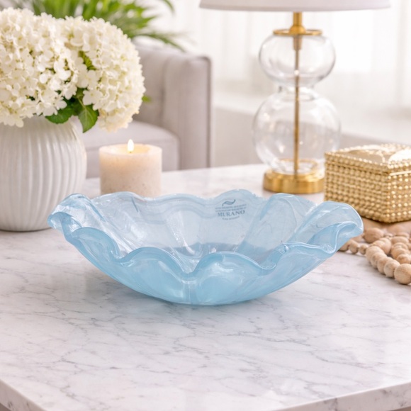 Vintage Murano Italy Art Glass Bowl Light Blue Marbled Freeform Ruffled Centerpi